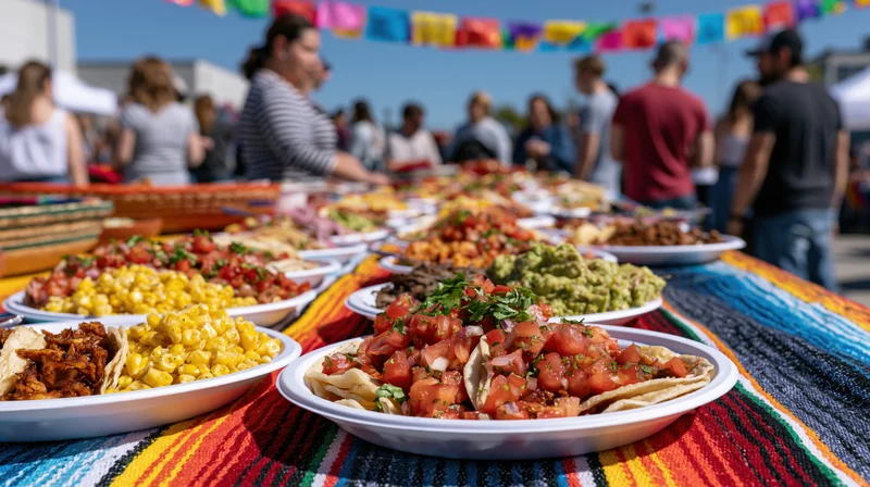 Mexican street festival food spread on a colorful blanket with tacos, guacamole and corn under a string of flags