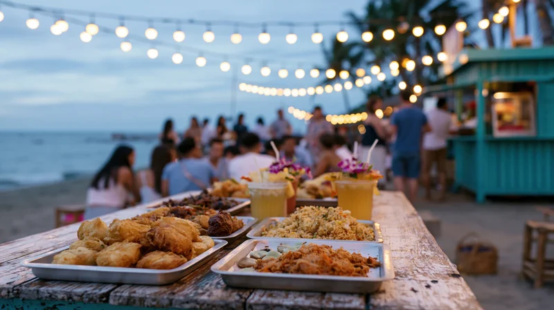 Trays of fried snacks on a wooden table at a beach food stall at dusk with string lights and people gathering nearby