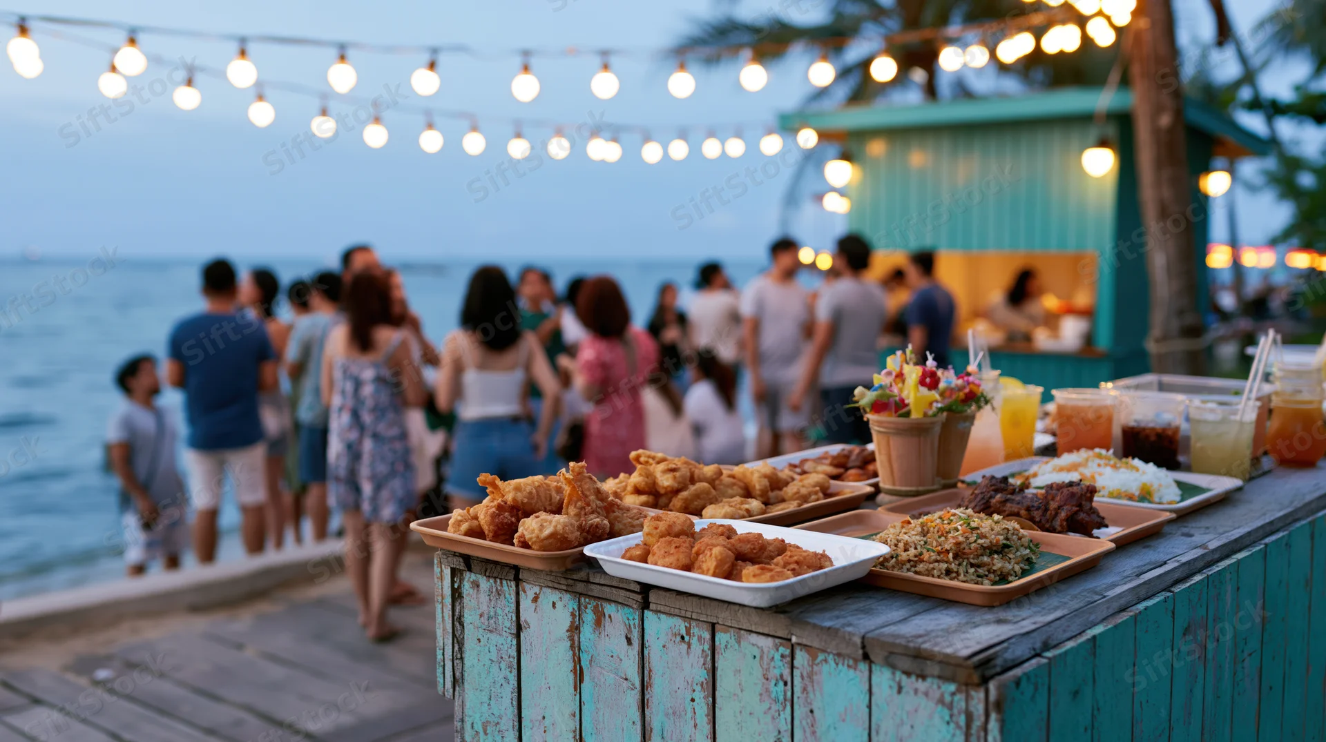 Fried snacks and drinks on a wooden beach stall at dusk with people gathering nearby by the ocean