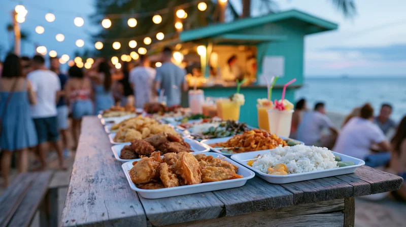 Trays of fried snacks and rice on a wooden table at a beach food stall during dusk with string lights and ocean in background