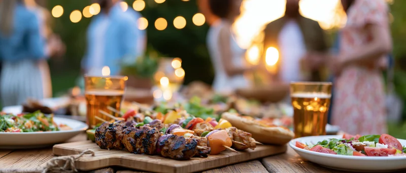 Grilled skewers and salads on a wooden table at an outdoor evening dinner party