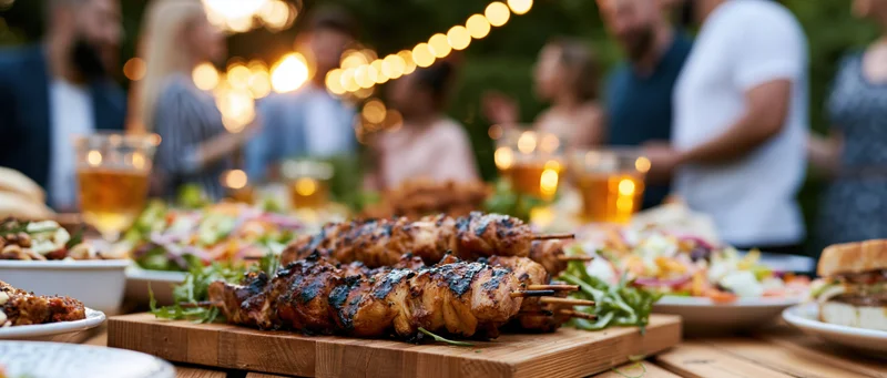 Grilled skewers and salads on a wooden table at an outdoor dinner party with string lights and guests in the background
