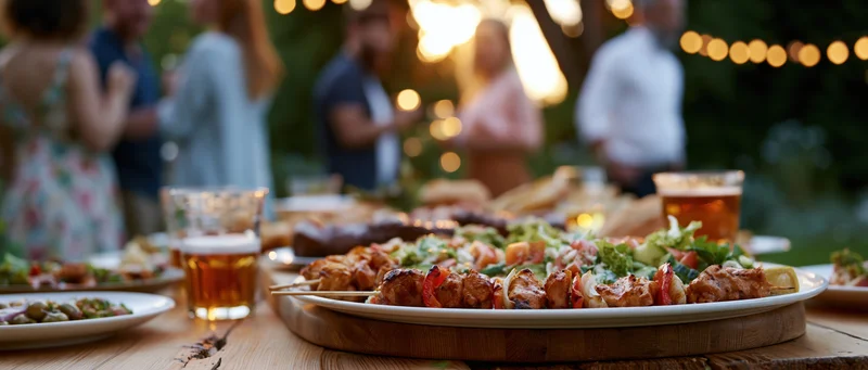 Grilled skewers and salad on a wooden table at an outdoor dinner party with guests in the background