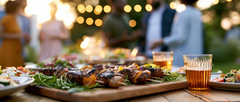 Grilled skewers and salads on a wooden table at an outdoor evening dinner party