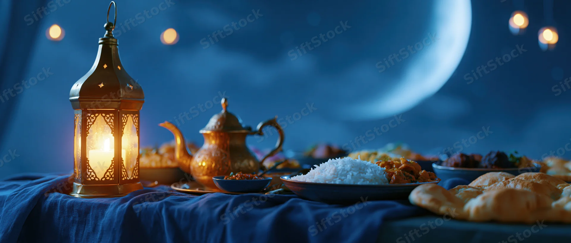 Iftar dinner spread with glowing lantern and traditional dishes on a blue cloth under a night sky with moon