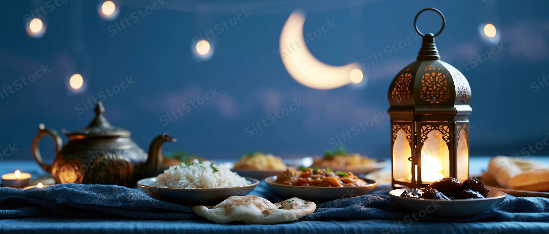 Iftar dinner spread with traditional arabic food and lantern under a crescent moon at night