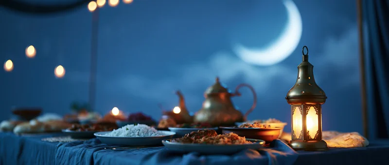 Iftar dinner spread on a table with lantern and moon in the night sky