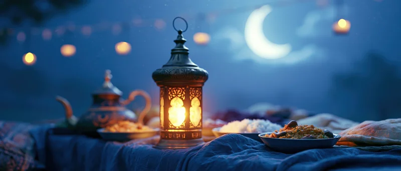 Iftar meal on an outdoor table with glowing lantern and crescent moon at night