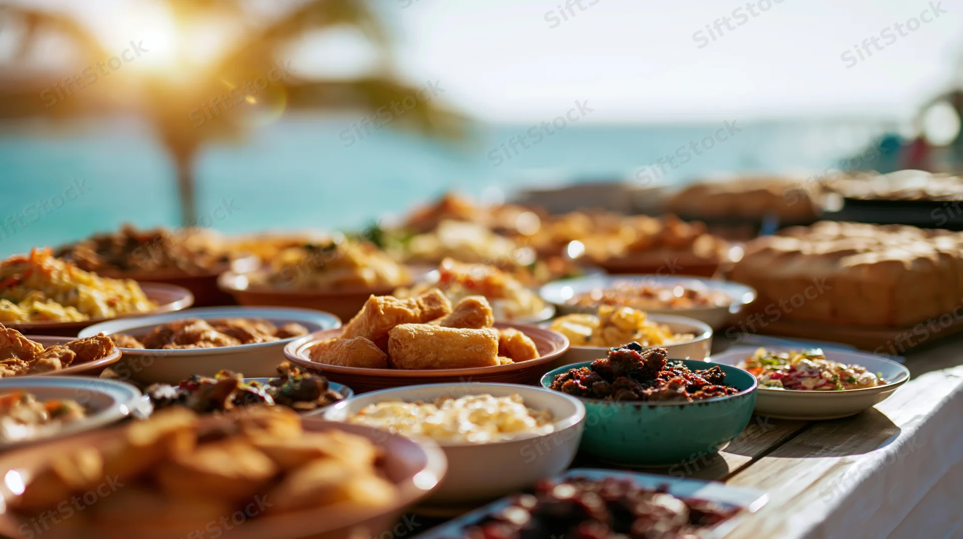 Buffet table filled with various dishes set outdoors by the ocean at sunset