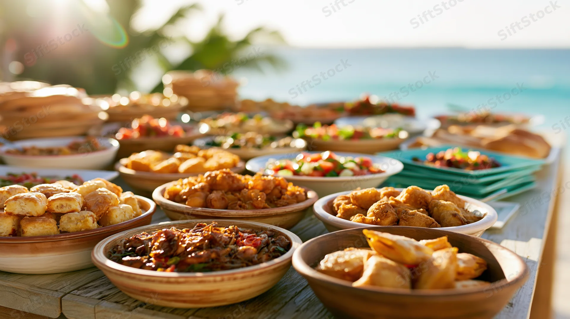 Buffet table filled with various dishes arranged outdoors by the ocean at sunset