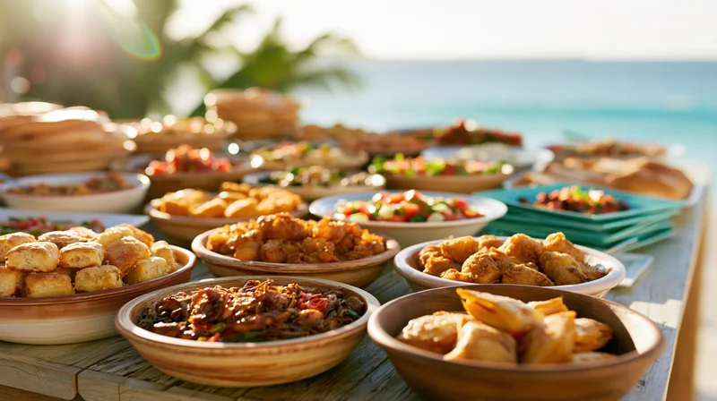 Buffet table filled with various dishes arranged outdoors by the ocean at sunset