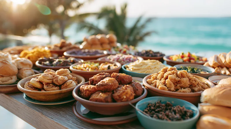 Buffet table filled with various dishes arranged on wooden surface by the beach at sunset