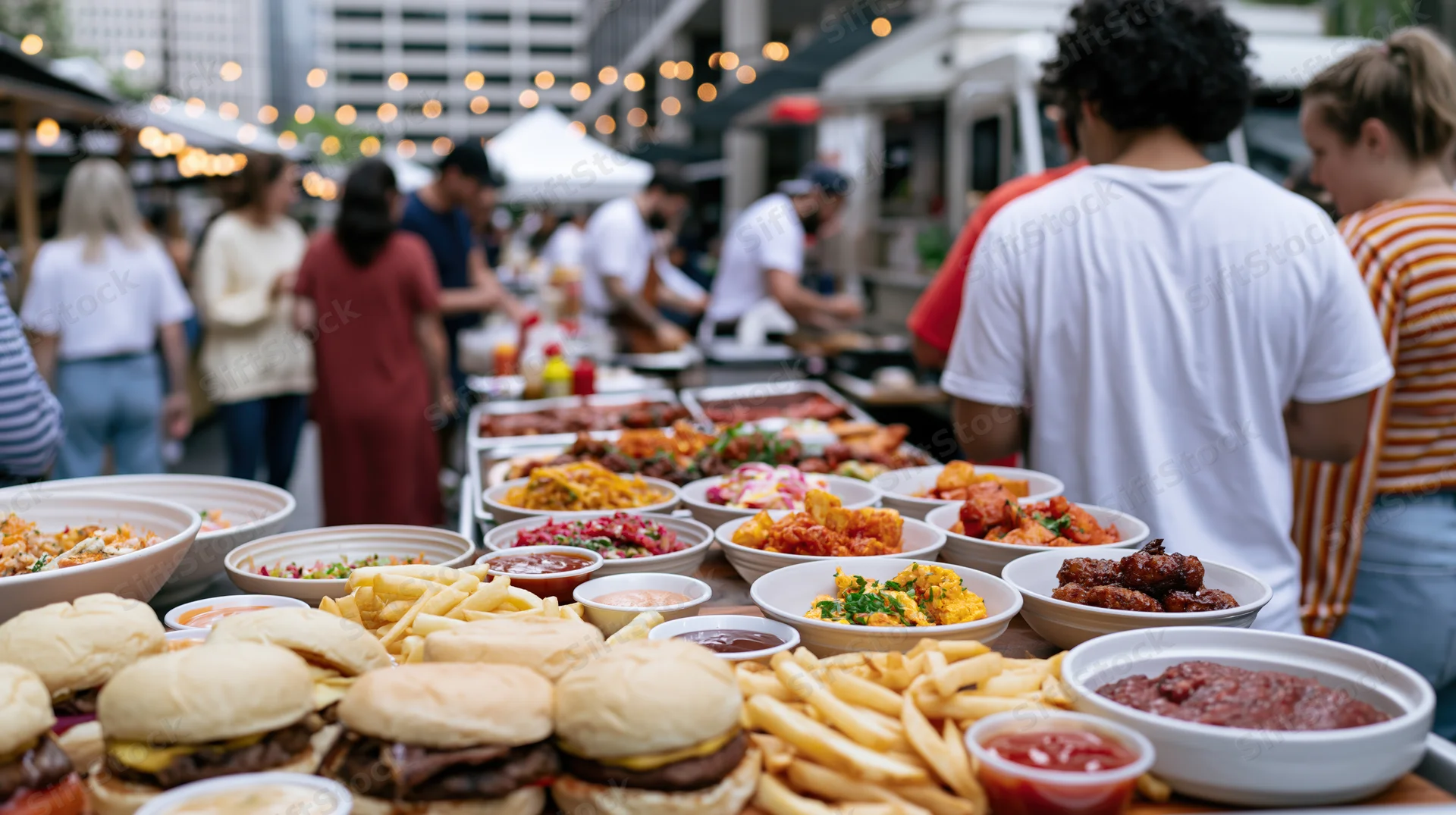 Food festival buffet counter with burgers, fries and sauces in outdoor urban setting with people gathering around vendors