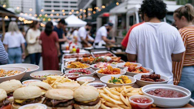 Food festival buffet counter with burgers, fries and sauces in outdoor urban setting with people gathering around vendors