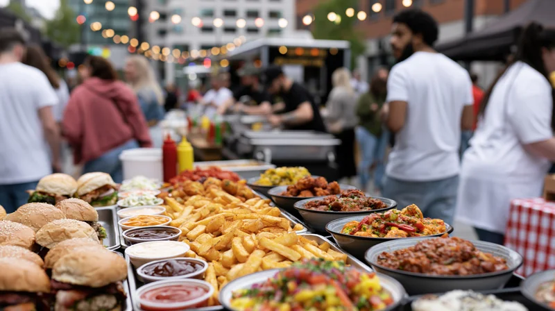 Food spread on a counter at an outdoor urban festival with people in the background