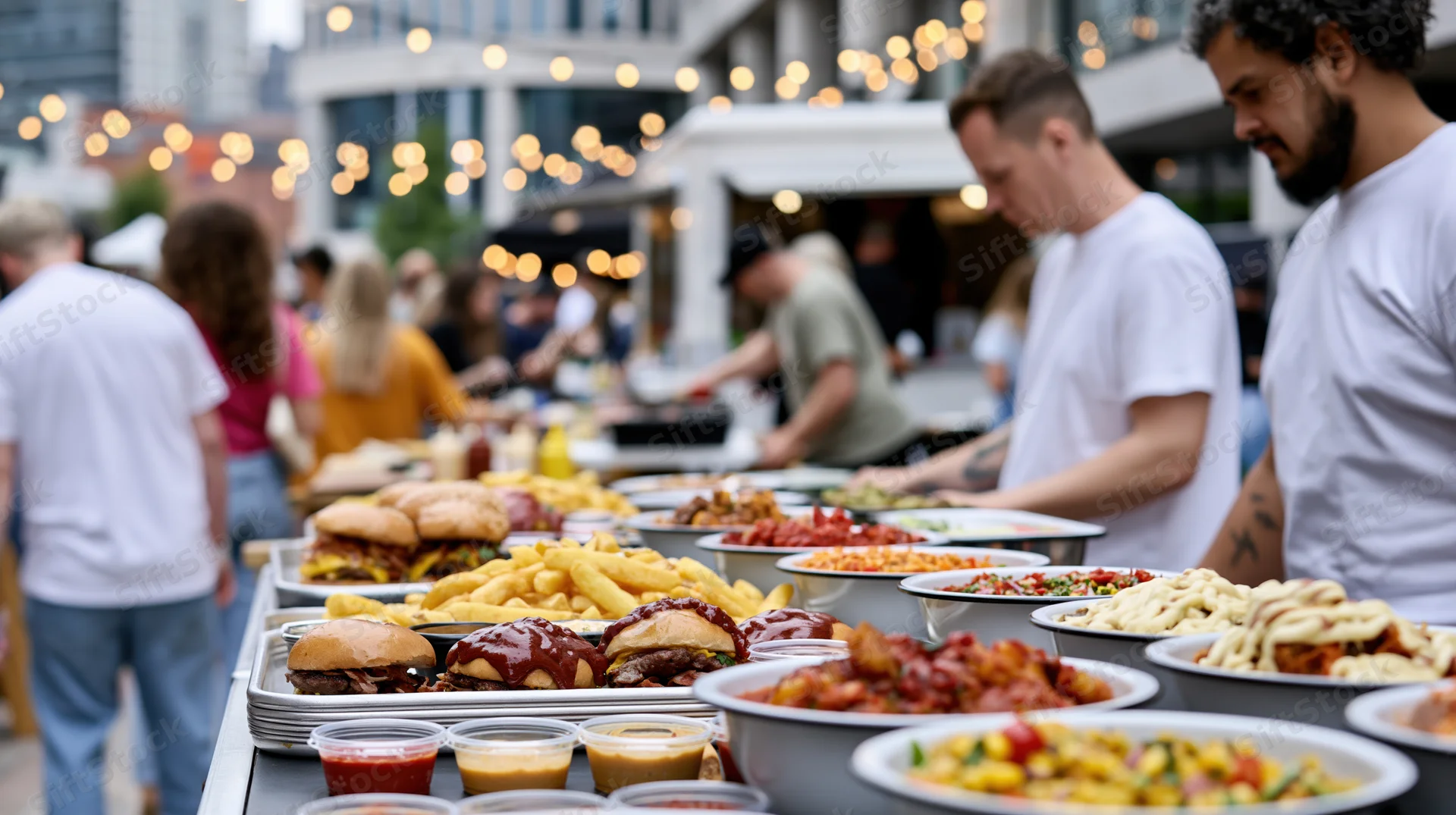 Food festival buffet counter with burgers and fries served outdoors at evening event