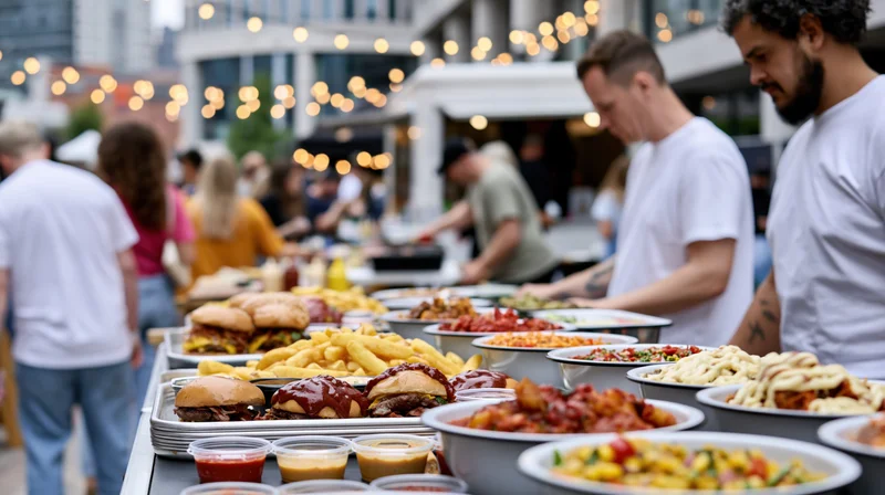 Food festival buffet counter with burgers and fries served outdoors at evening event