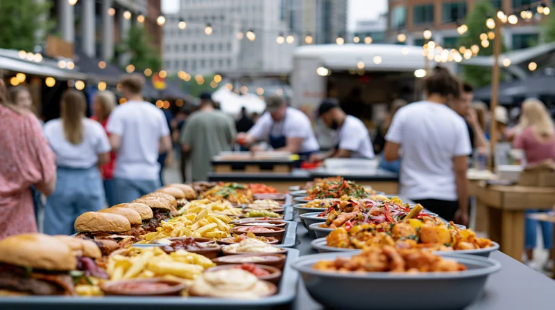 Food spread on a counter at an outdoor urban festival with vendors and people in the background