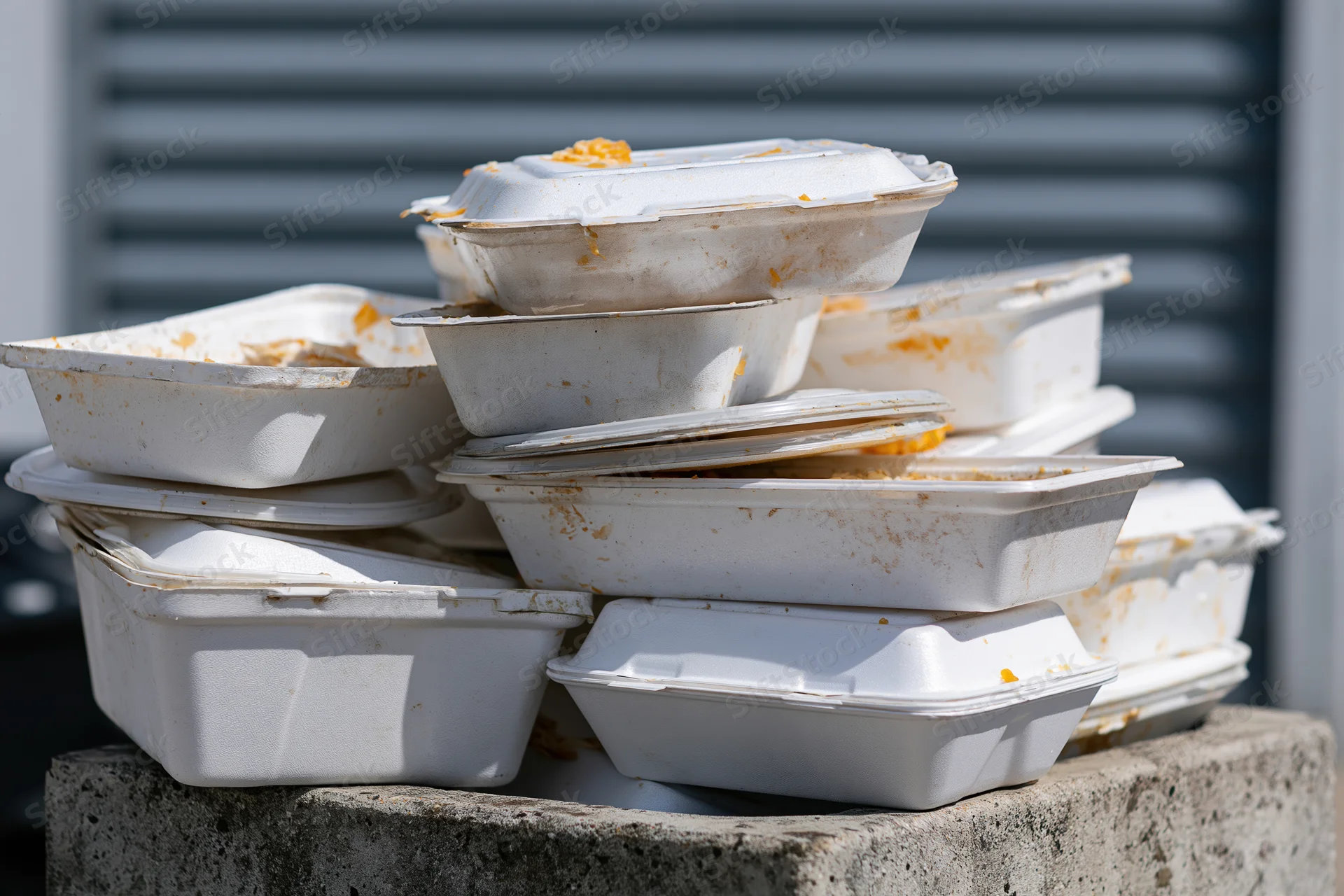 Pile of used styrofoam takeout containers stacked on concrete ledge outdoors