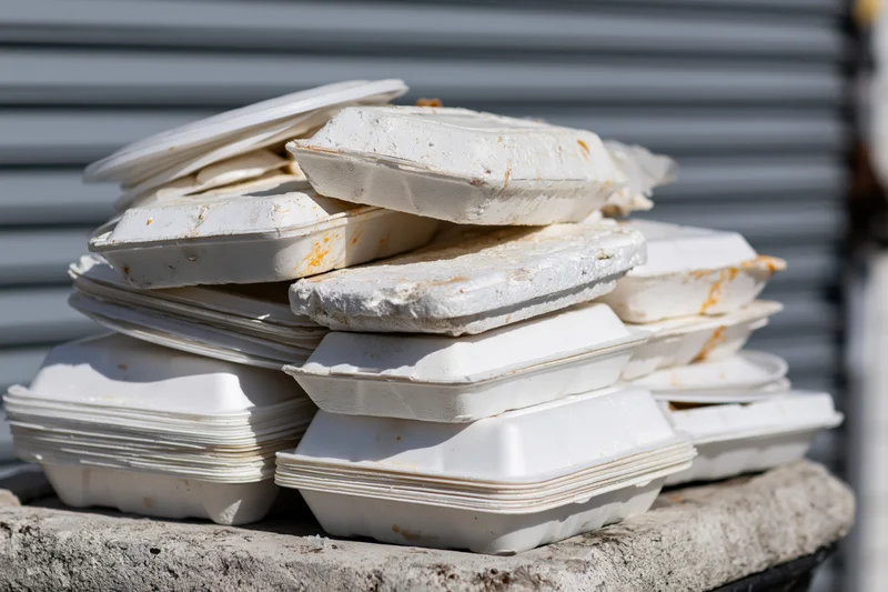 Pile of used styrofoam takeout containers stacked on concrete ledge outdoors