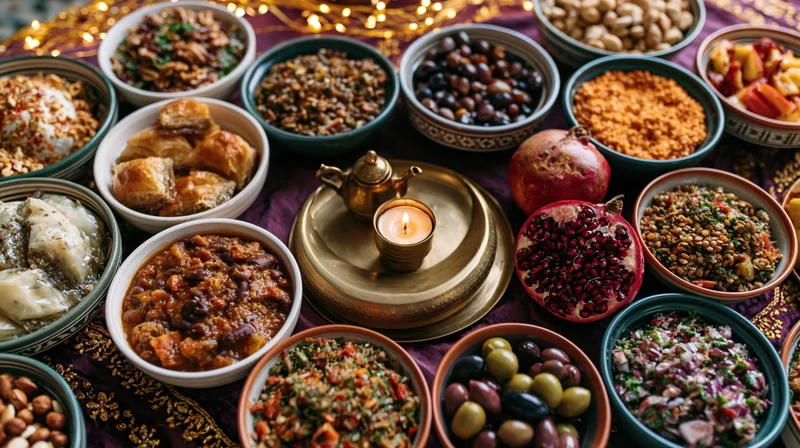 Overhead view of a moroccan iftar table with bowls of food, a candle, and pomegranates arranged on a patterned cloth