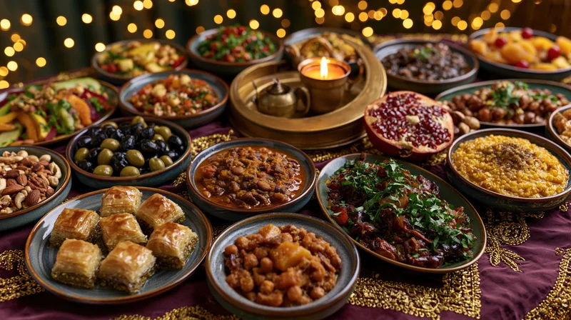 Overhead view of a moroccan ramadan iftar table set with traditional dishes and decorative lights
