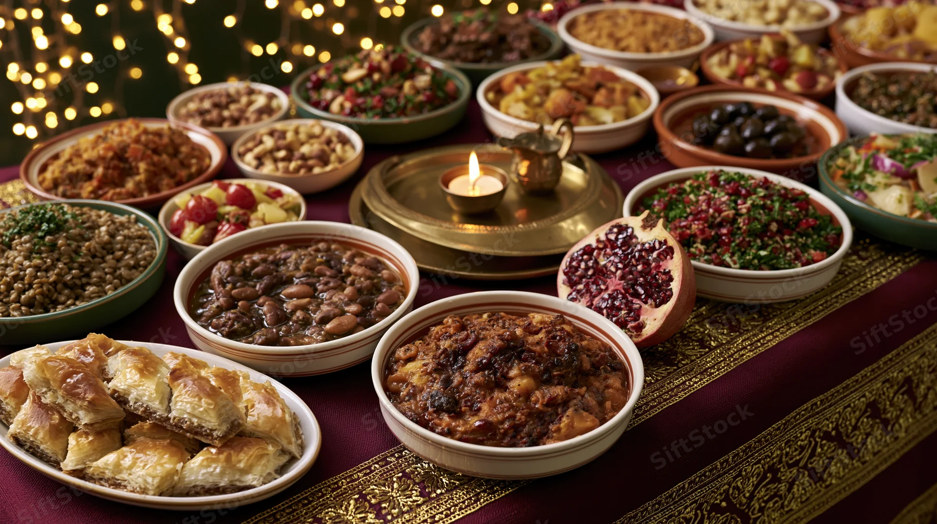 Moroccan iftar table with traditional dishes and festive decorations for ramadan dinner