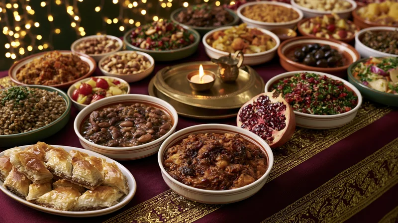 Moroccan iftar table with traditional dishes and festive decorations for ramadan dinner