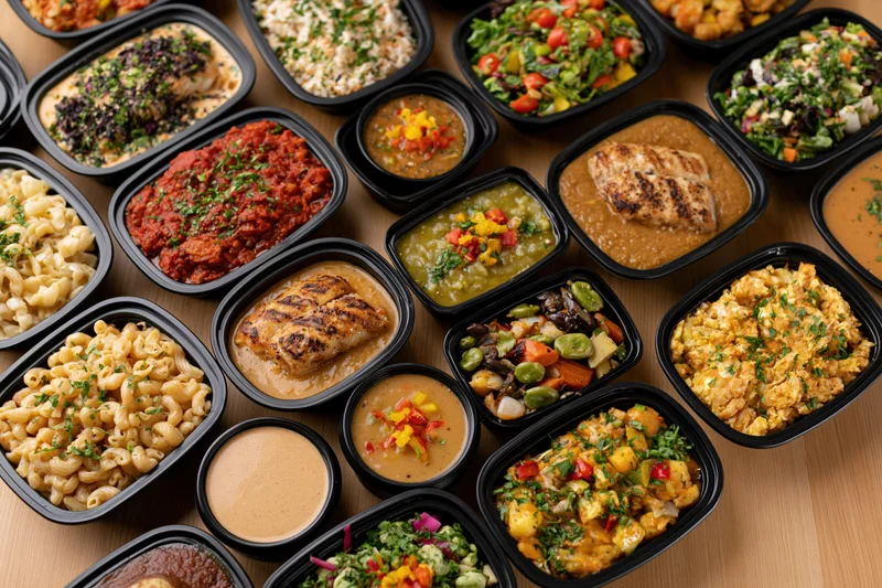 Overhead view of multiple takeout containers filled with various meals arranged on a wooden table