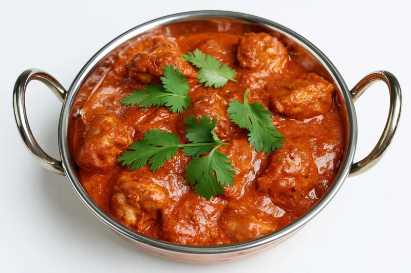 Butter chicken curry in a stainless steel bowl with cilantro garnish on white background
