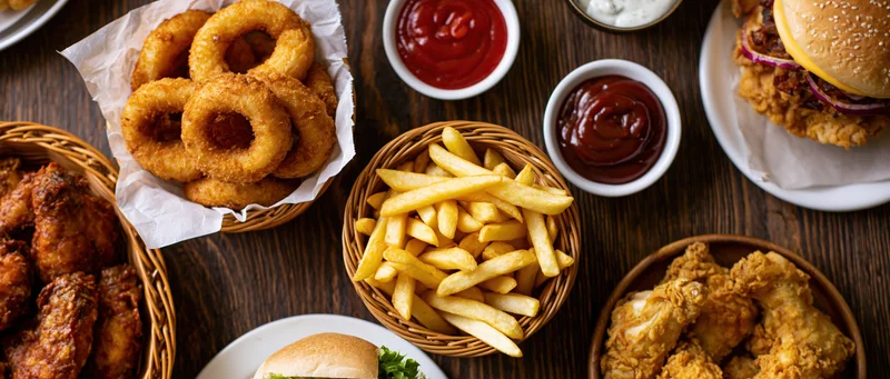 Overhead flat-lay of american fast food spread on dark wooden table featuring burger, fries, onion rings, fried chicken, and condiments