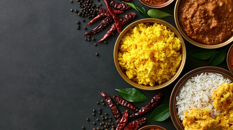 Overhead flat-lay of indian meal spread with rice, curry, spices and curry leaves on dark surface
