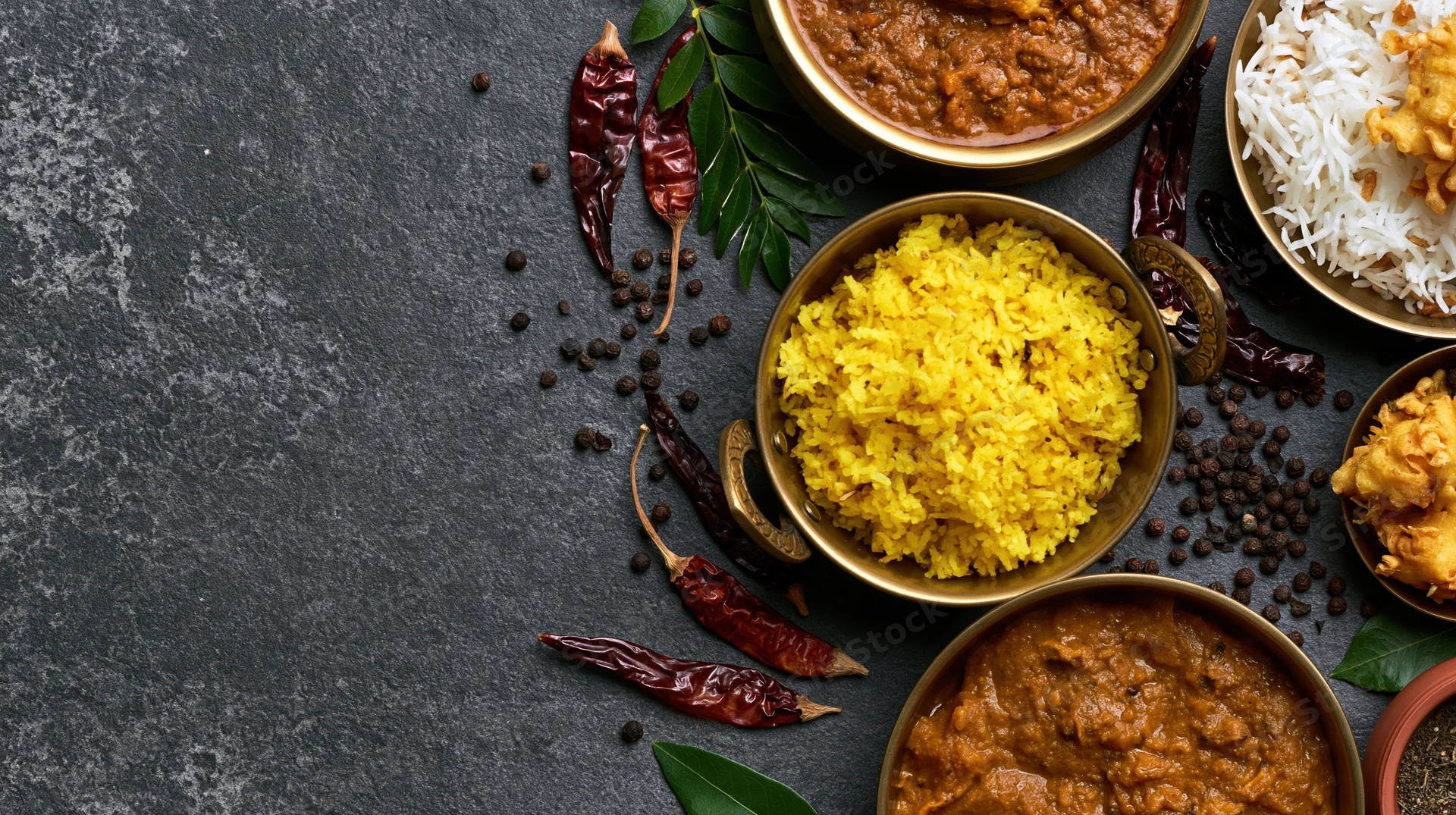 Indian meal spread with curry, rice and spices arranged on dark stone surface in overhead flatlay