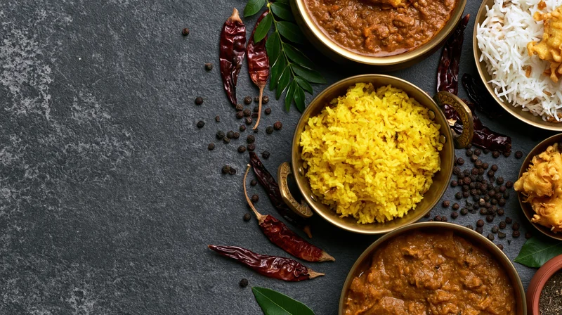 Indian meal spread with curry, rice and spices arranged on dark stone surface in overhead flatlay