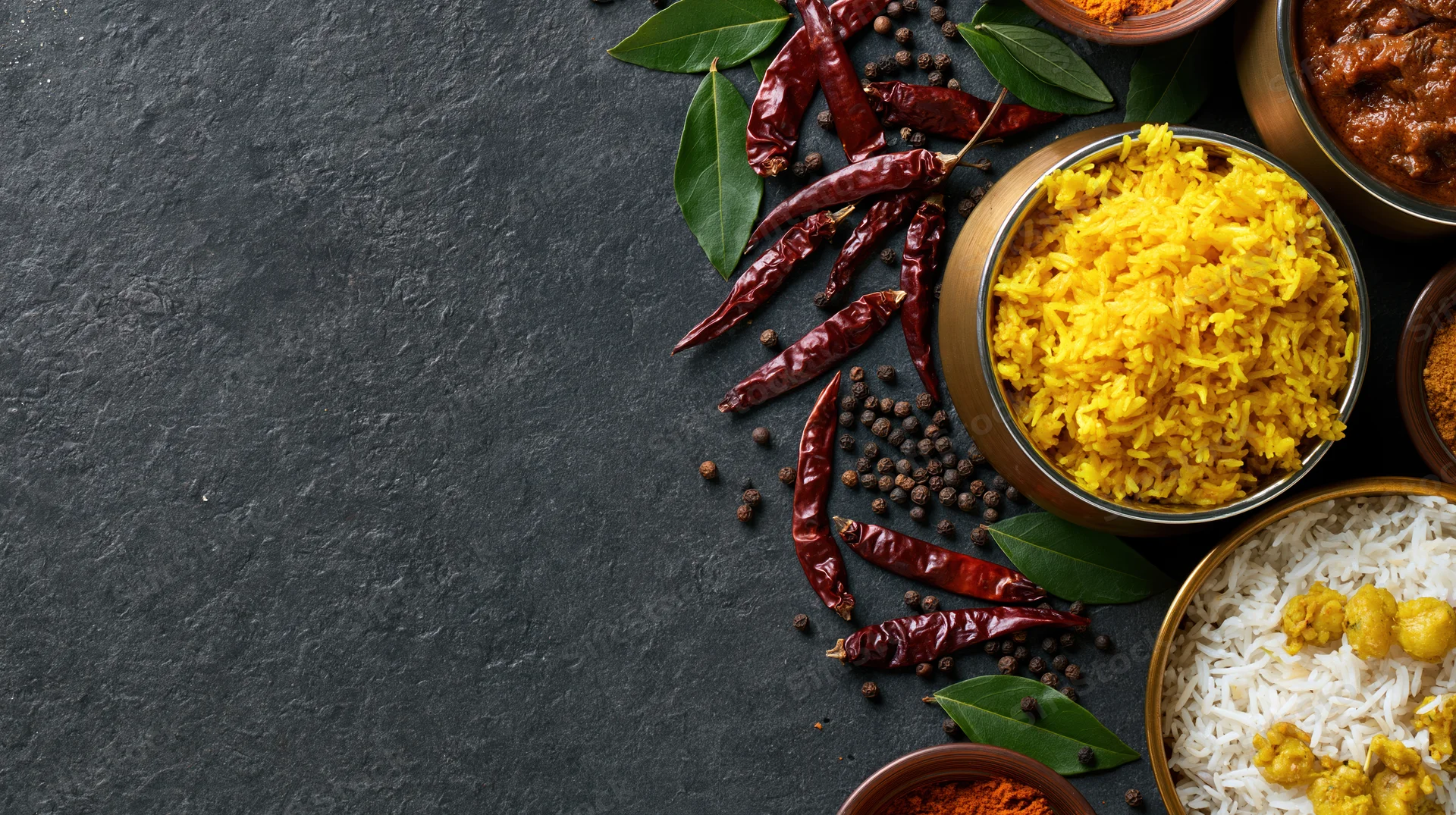 Indian meal spread with rice, curry, spices and curry leaves arranged on dark slate surface in overhead flatlay with copyspace on left