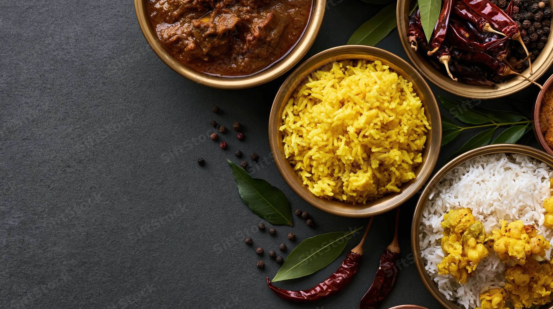 Indian meal spread with curry, rice, and spices arranged on dark surface in overhead flat lay