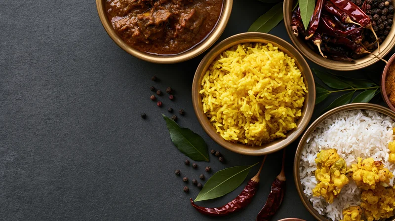 Indian meal spread with curry, rice, and spices arranged on dark surface in overhead flat lay