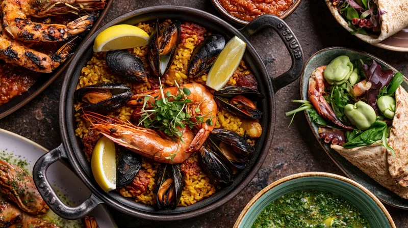 Spanish seafood paella in cast iron pan with shrimp and mussels, overhead flat lay on dark table with side dishes
