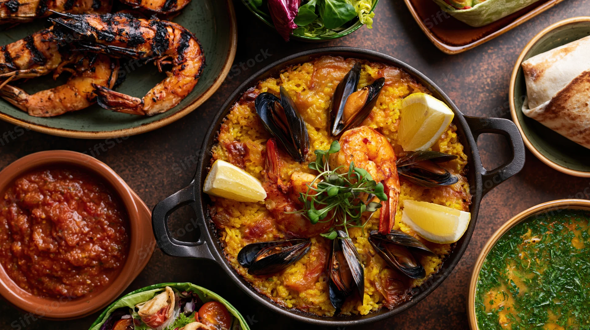 Spanish seafood paella in a cast iron skillet with shrimp and mussels, surrounded by side dishes on a dark surface