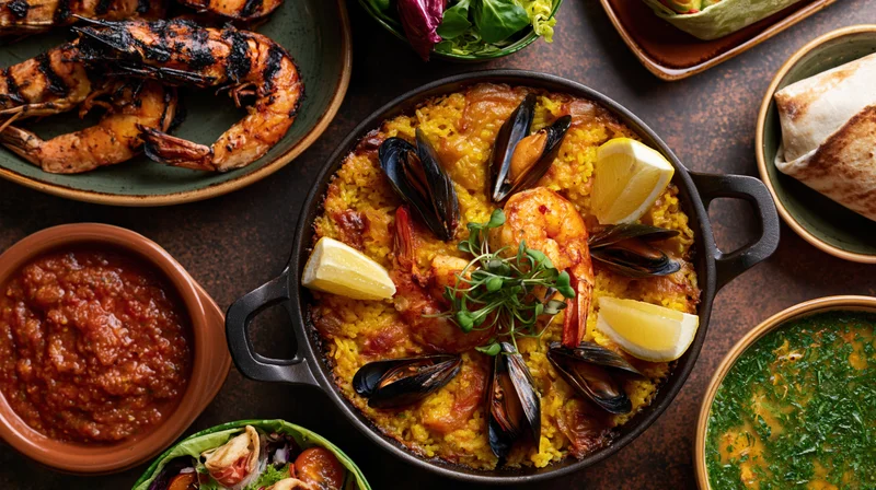 Spanish seafood paella in a cast iron skillet with shrimp and mussels, surrounded by side dishes on a dark surface