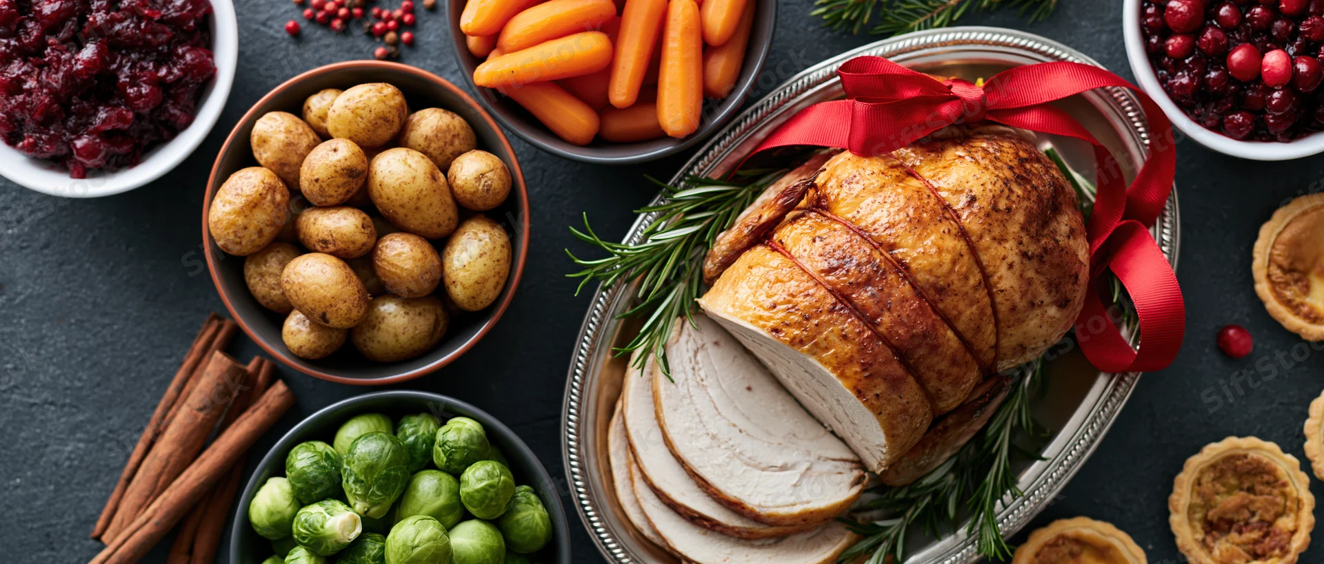 Roasted turkey sliced on a silver platter with rosemary garnish surrounded by holiday side dishes on a dark table