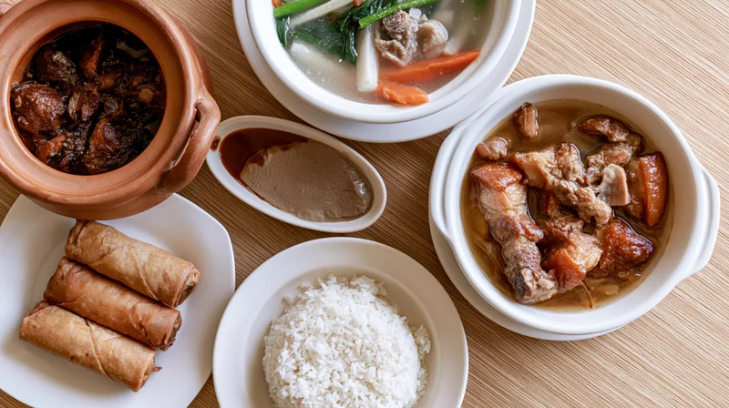 Overhead flat-lay of a filipino home-cooked meal with adobo, sinigang, lumpia, rice and sauce on a wooden table