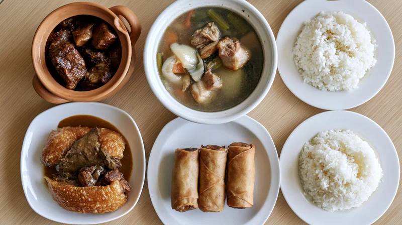 Overhead flat-lay of a filipino home-cooked meal with rice, soup, stew, lumpia and adobo on a wooden table