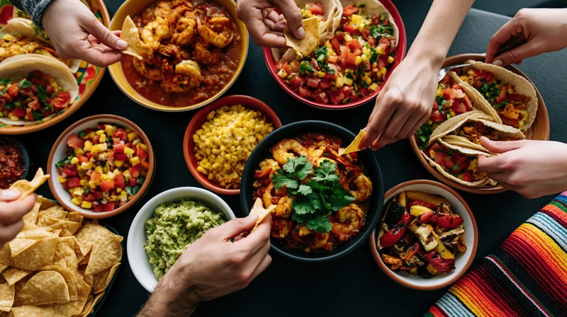 Overhead view of a mexican feast with hands reaching for tacos, shrimp, guacamole and salsa on a dark table