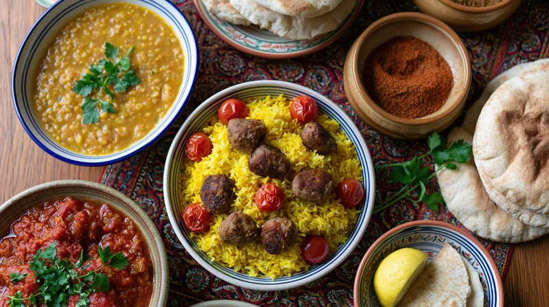 Overhead flat-lay of a middle eastern meal with rice, meatballs, lentil stew, flatbread and spices on a patterned tablecloth
