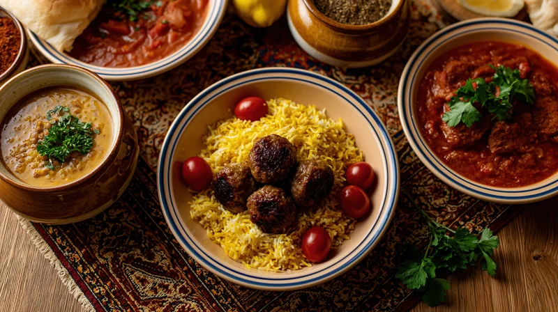 Overhead flat-lay of a middle eastern feast with rice, meatballs, stew, and lentil curry on a patterned rug