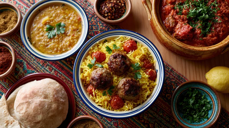 Overhead flat-lay of a middle eastern feast with rice, meatballs, curry, lentils, bread, and spices arranged on a patterned textile