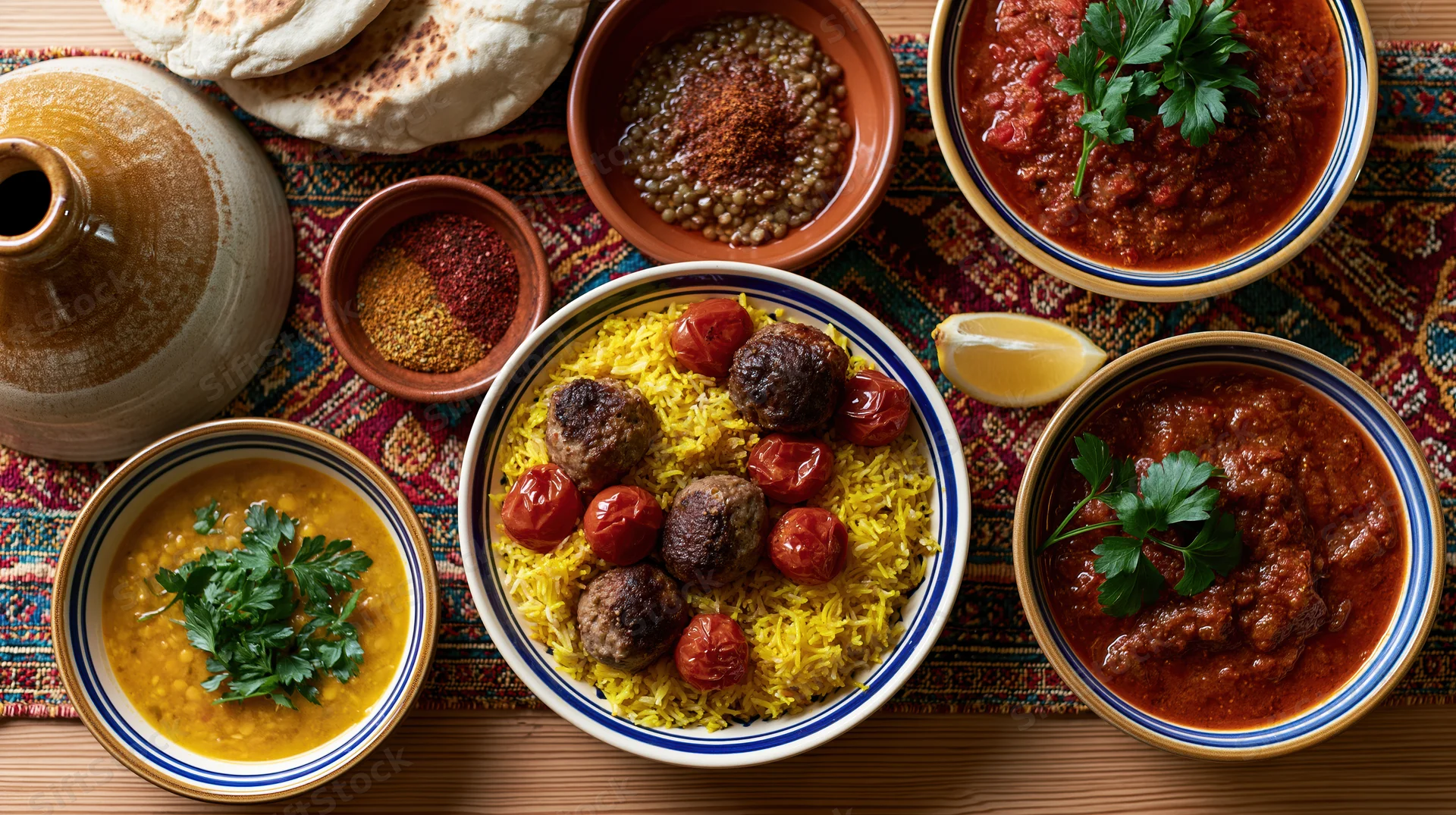 Overhead flat-lay of a middle eastern feast spread across a wooden table with bowls of rice, meatballs, lentils, curry, sauce, herbs, lemon, flatbread, and a clay pot on a patterned textile