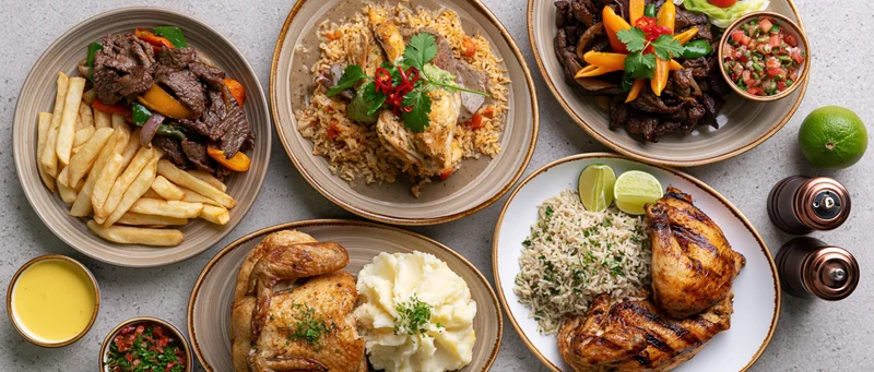 Overhead flat-lay of multiple Peruvian dishes arranged on a table including grilled chicken, beef, rice, fries, and sauces