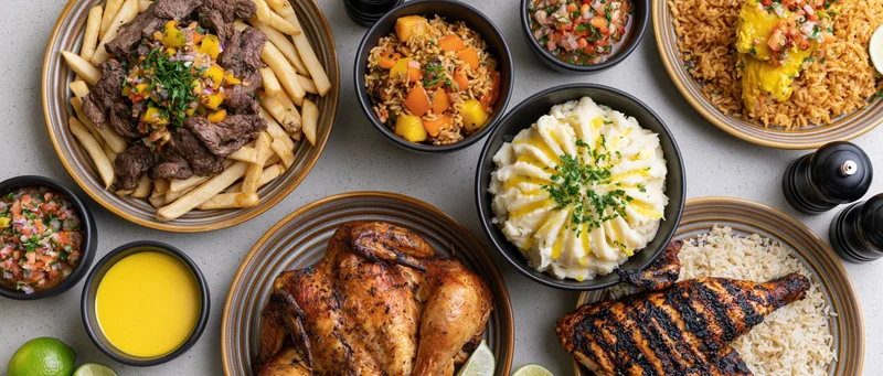 Overhead flat-lay of a peruvian restaurant spread with beef, chicken, rice, mashed potatoes, fries, and sauces on a gray table